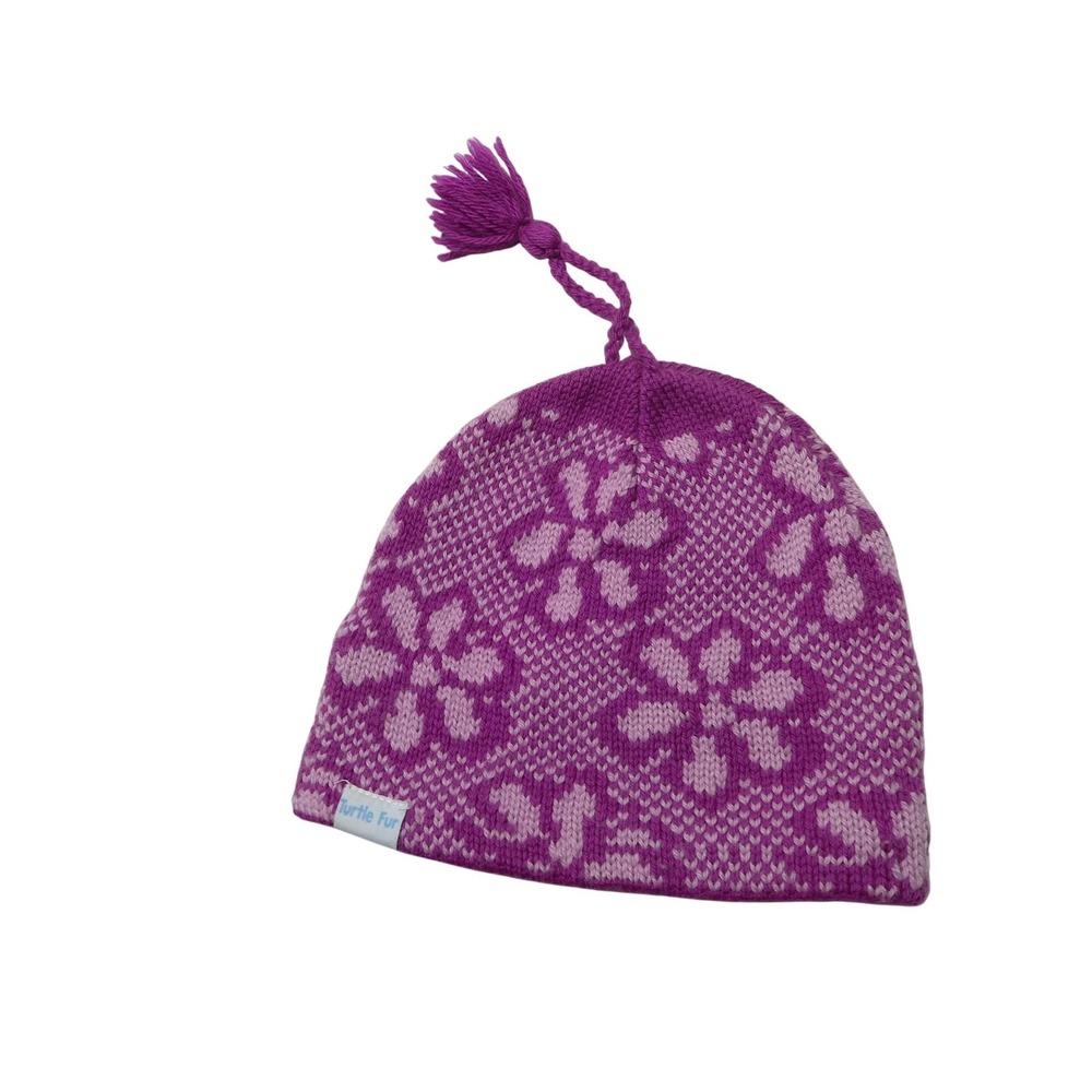 Turtle Fur Hat Beanie Girls One Size Purple Floral Fleece Lined Tassel Winter